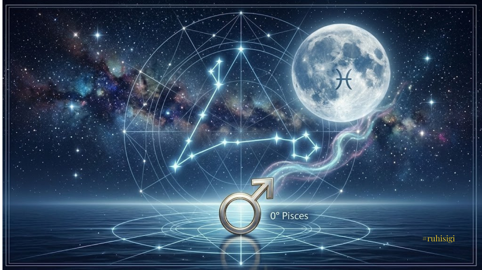 Astrology transit chart showing Mars at 0 degrees Pisces 2026 sacred geometry constellation