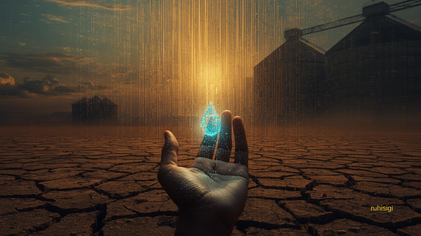 "Depiction of the 2026 water wars and famine risk, featuring a figure protecting the last glowing drop of water in parched land and empty ports symbolizing logistical paralysis."