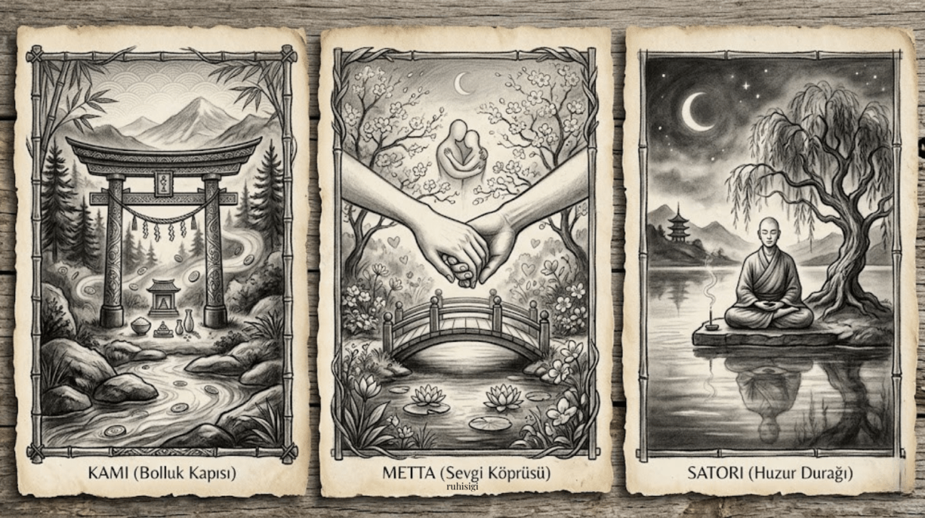 Three illustrated cards depicting tranquility.