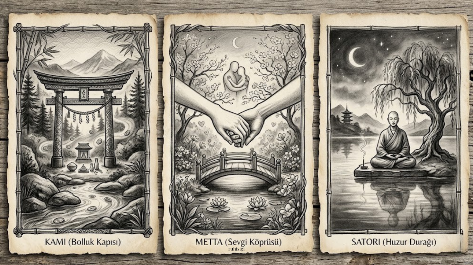Three illustrated cards depicting tranquility.