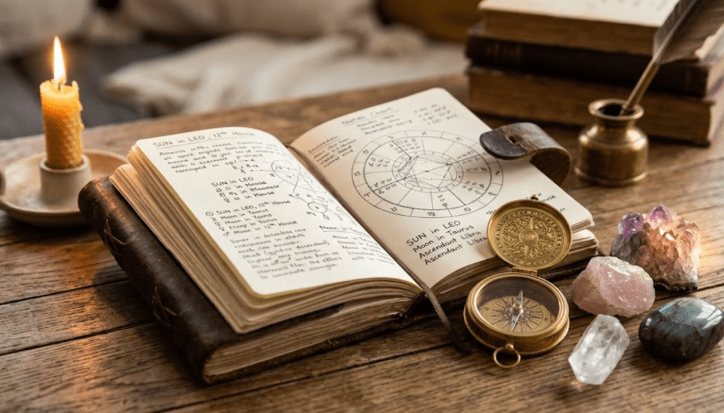 Astrology books, compass, crystals, candle.