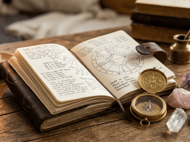 Astrology books, compass, crystals, candle.