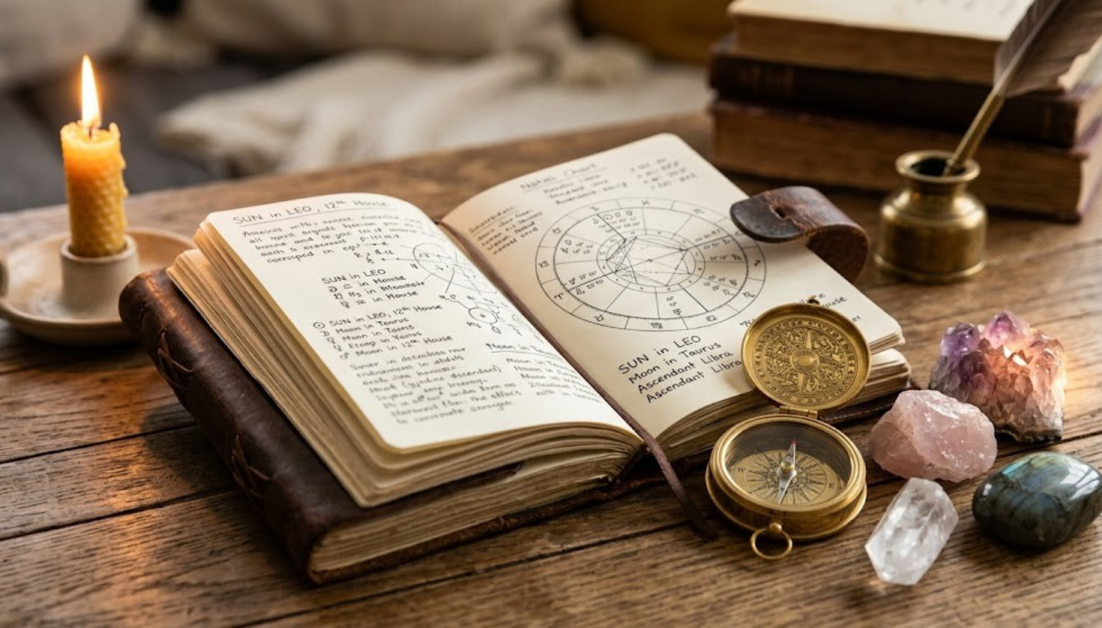 Astrology books, compass, crystals, candle.