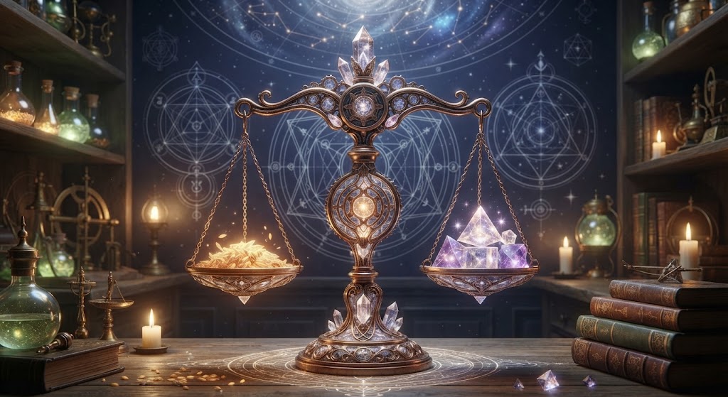 Scales balancing crystals and gold.