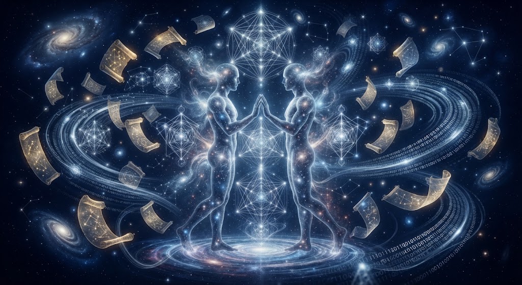 Two figures connected in cosmic energy.
