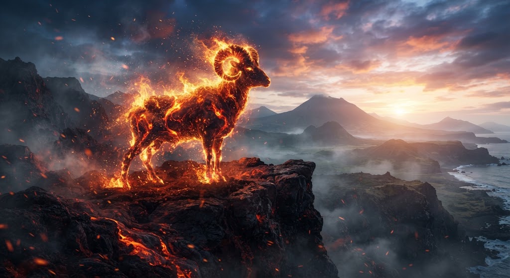 Fiery ram on a rocky landscape