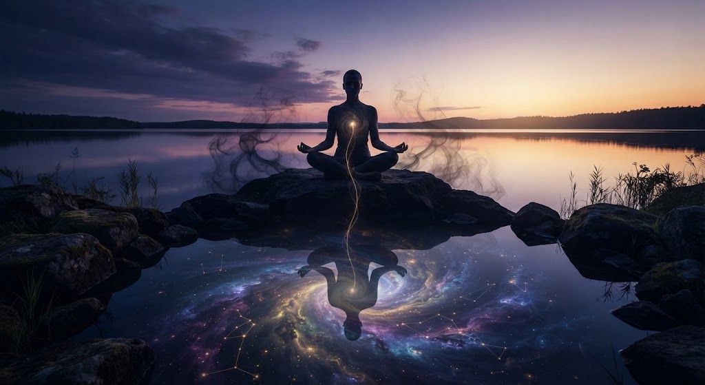 Meditative figure reflecting cosmic scene