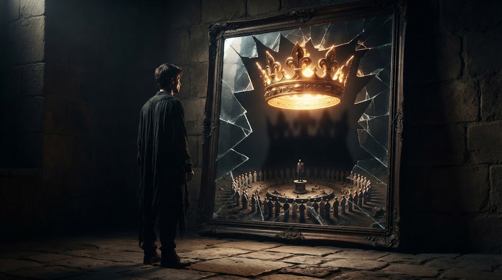 Man gazing into a shattered mirror