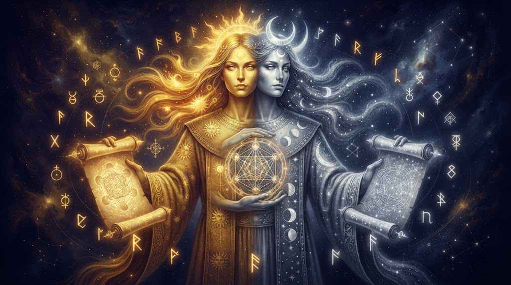 Dual figures representing celestial themes.