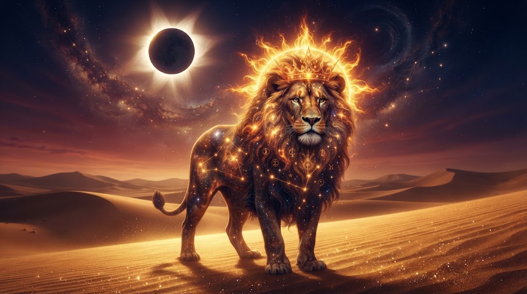 Majestic lion with cosmic elements.