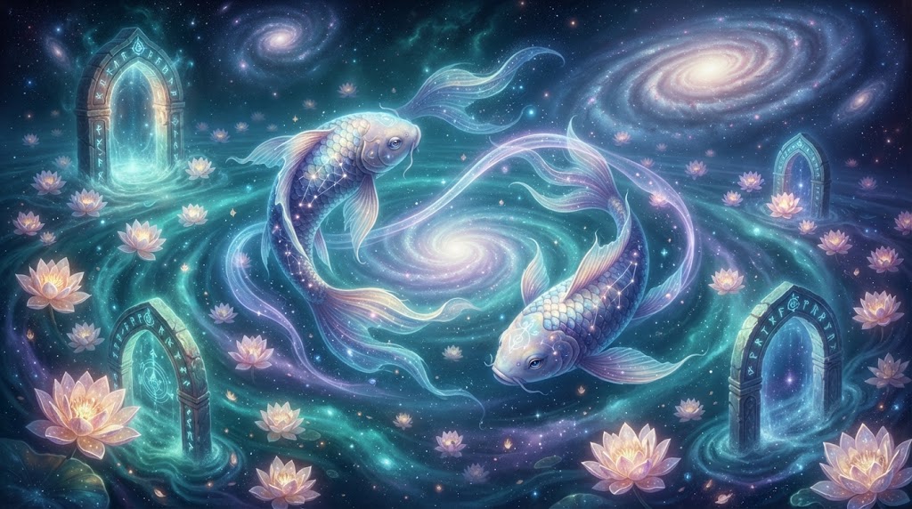 Cosmic scene with swirling fish and flowers.