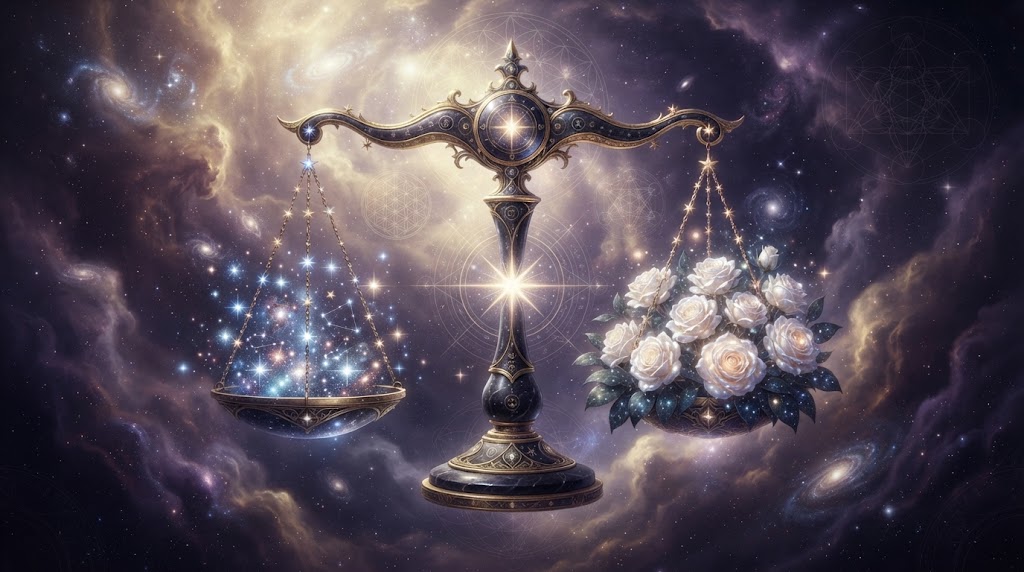 Scales balancing stars and roses.