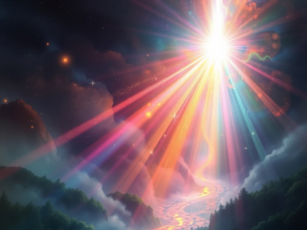 Colorful cosmic light over serene landscape