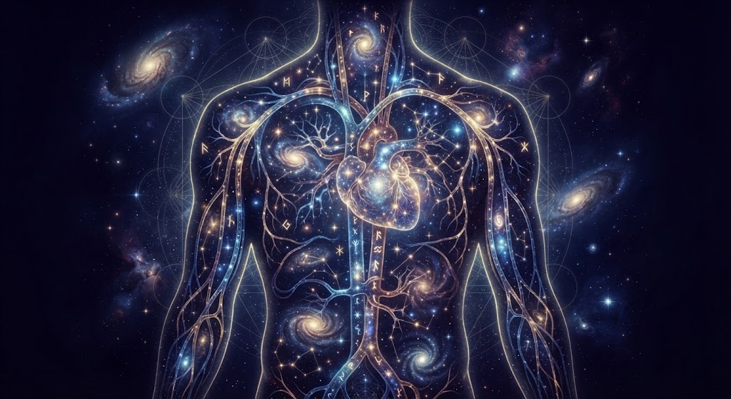 Human body intertwined with galaxies.