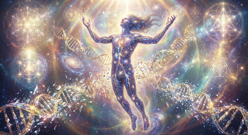 Cosmic figure surrounded by vibrant energy