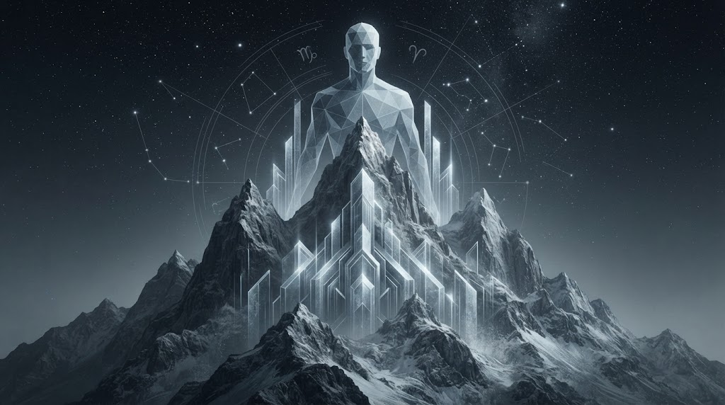 Abstract mountain with celestial figure.