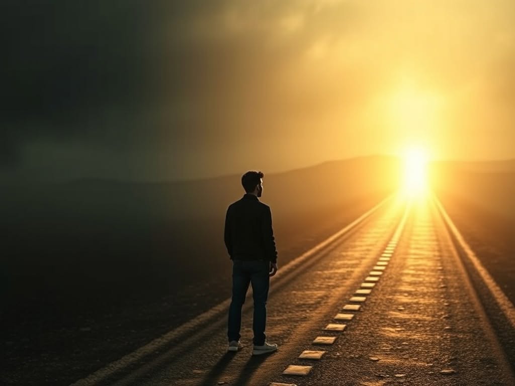 Person standing on road at sunset