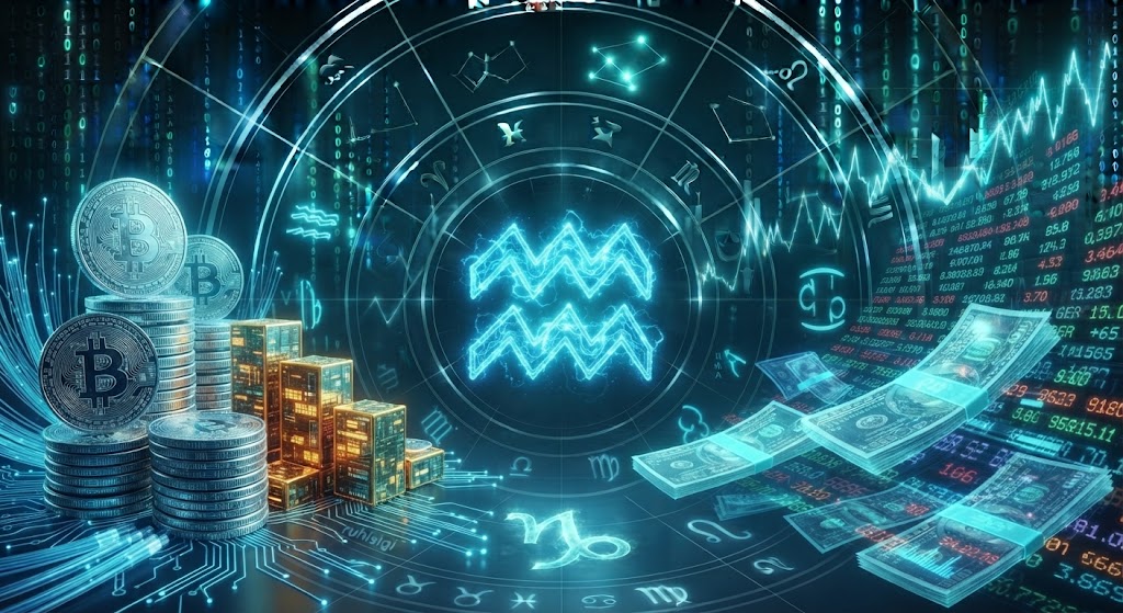 Cryptocurrency and astrology-themed financial graphic