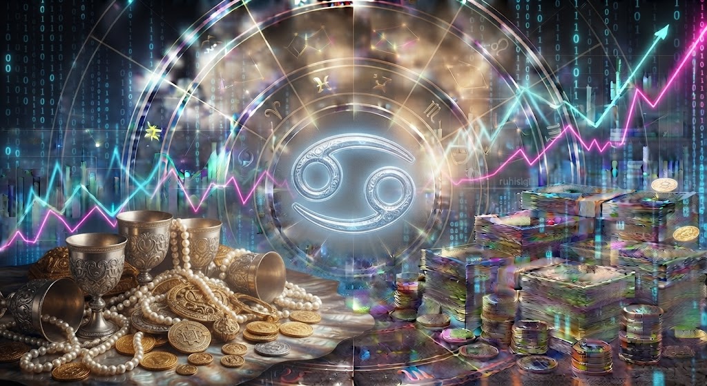 Astrology and finance blend with symbols.