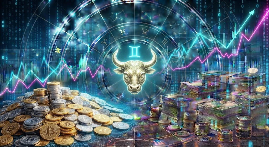 Cryptocurrency and astrology themed illustration