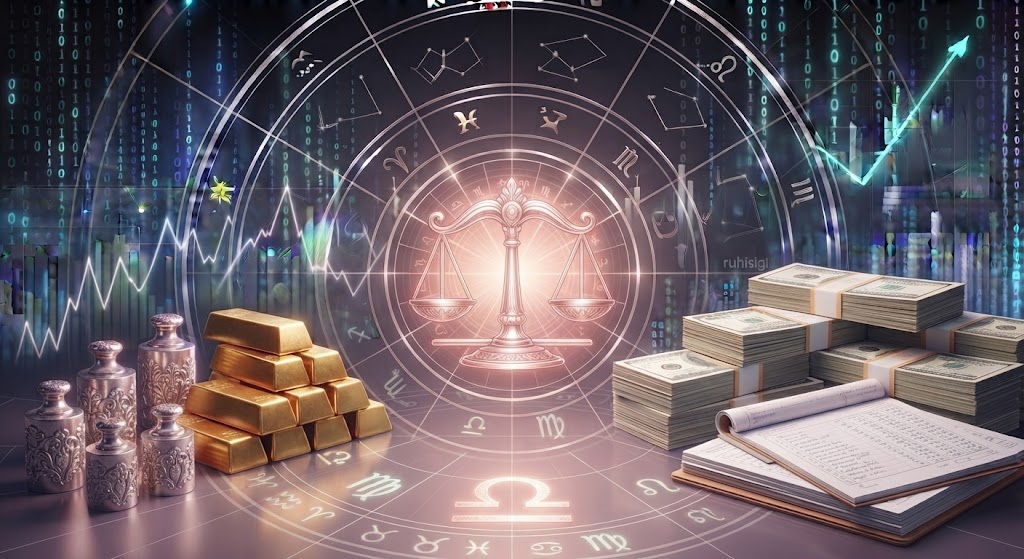 Scales, gold, money, astrology symbols.