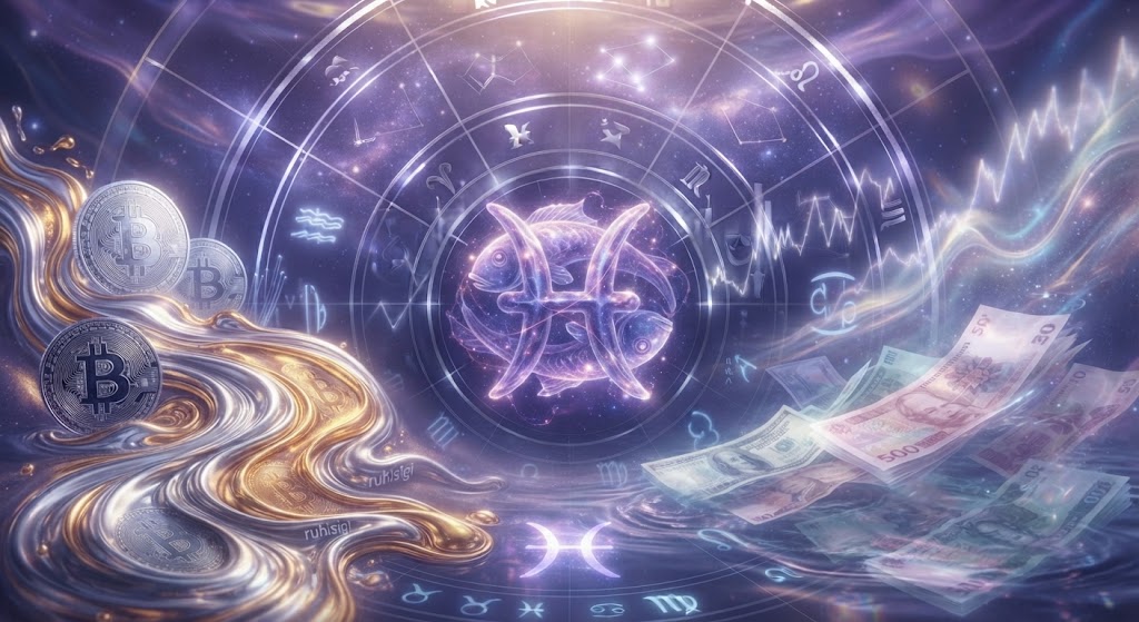 Astrological symbols with financial elements.