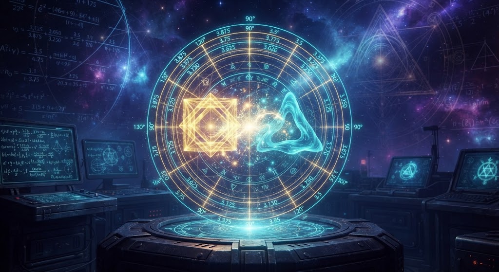 Cosmic symbols with glowing energy patterns