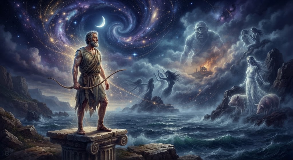 Mythical figure amidst cosmic scenery.