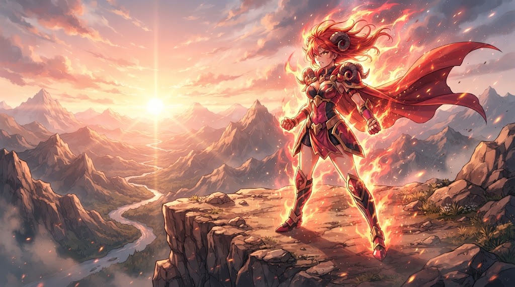 Warrior standing on mountain peak