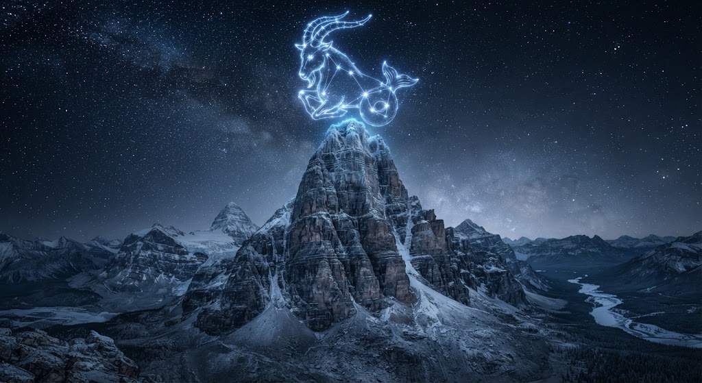 Mountain with glowing goat constellation