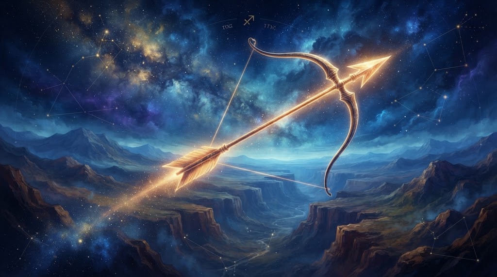 Golden bow and arrow in cosmos.