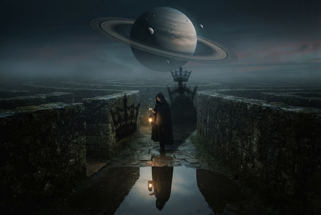 Mystical figure in maze under planets