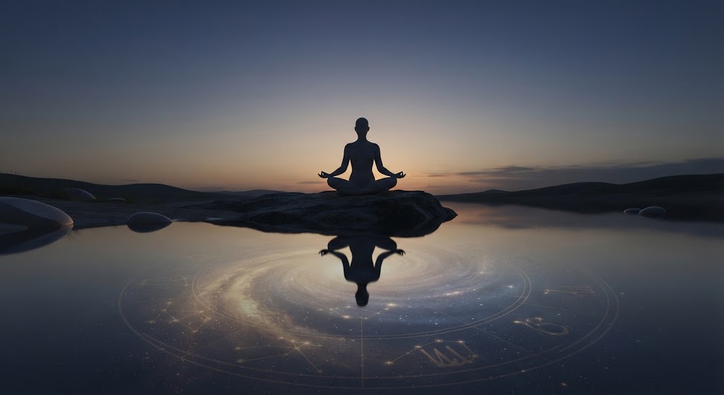 Meditative figure reflecting cosmic imagery