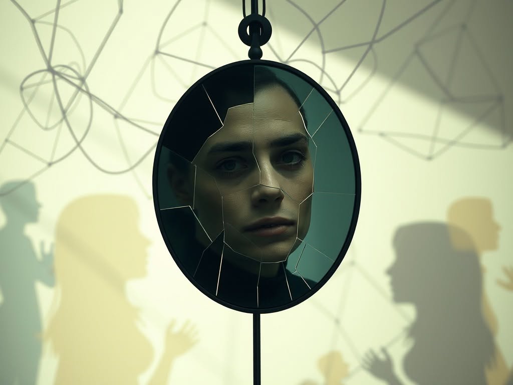 Woman's reflection in shattered mirror.