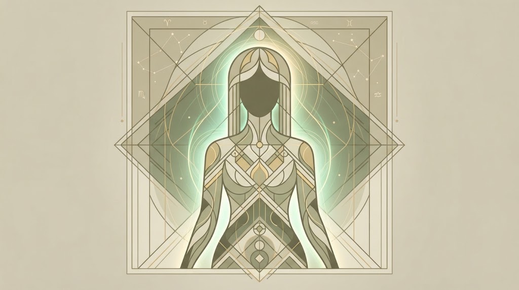 Stylized figure with geometric patterns