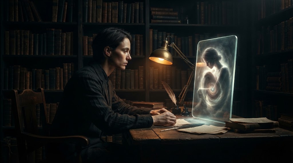 Person contemplating in a library.