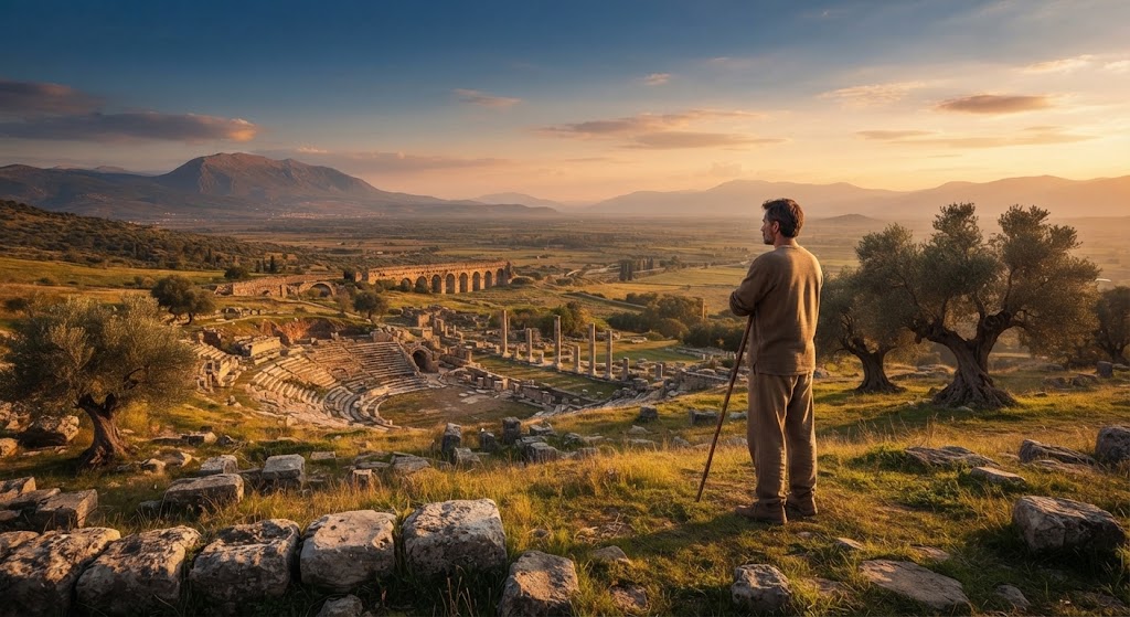 Man overlooking ancient ruins at sunset