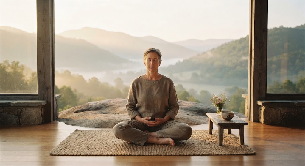 Person meditating in serene landscape