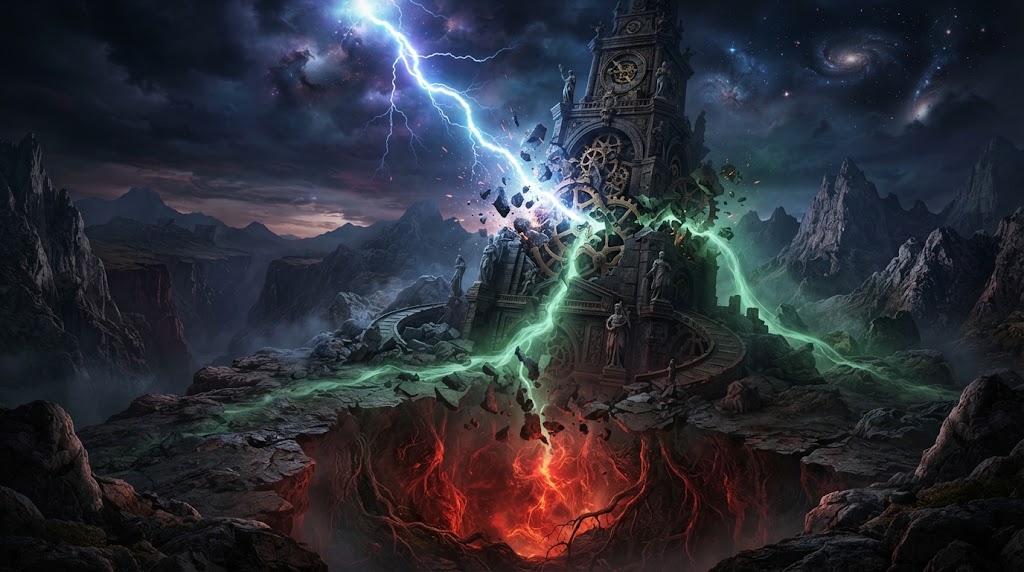 Dramatic clock tower with lightning