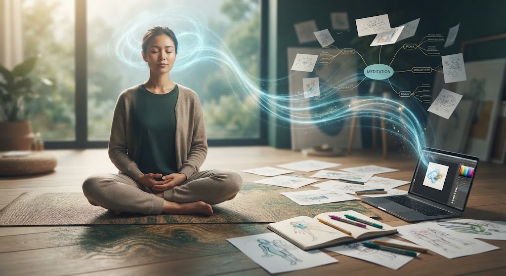 Woman meditating with creative ideas