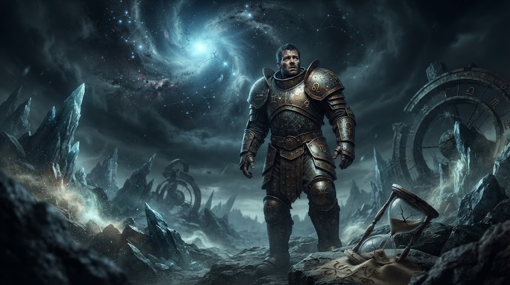 Armored warrior in cosmic landscape.