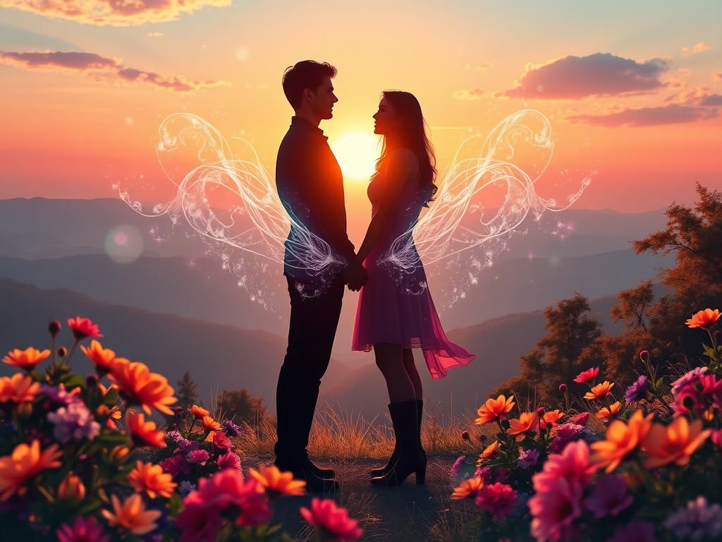 Couple with fairy wings at sunset