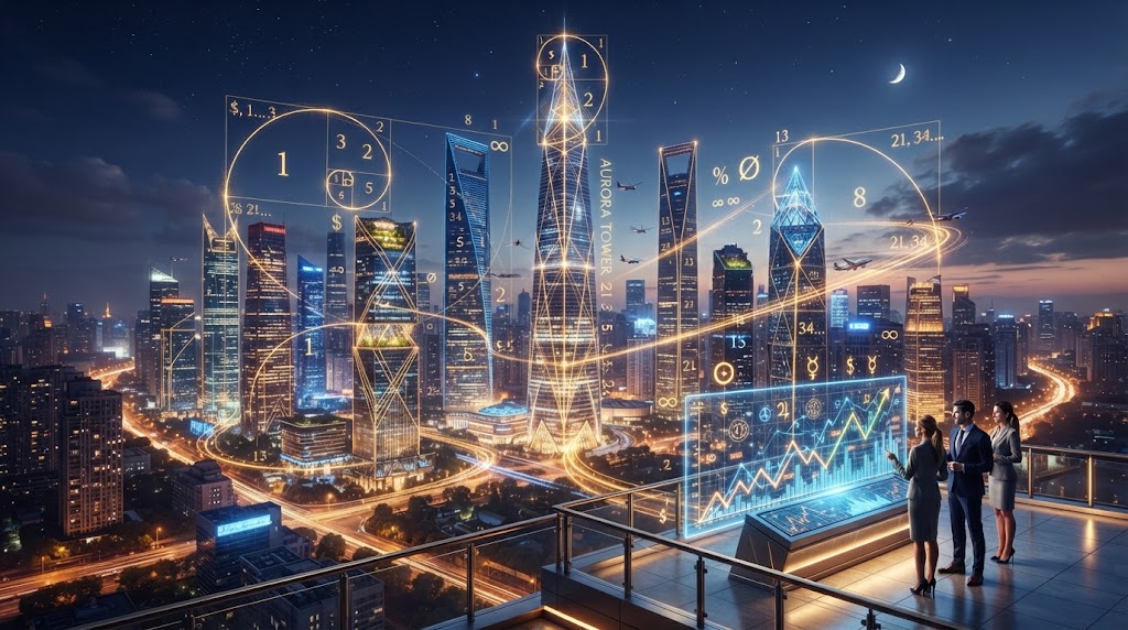 Futuristic city skyline with data visualization