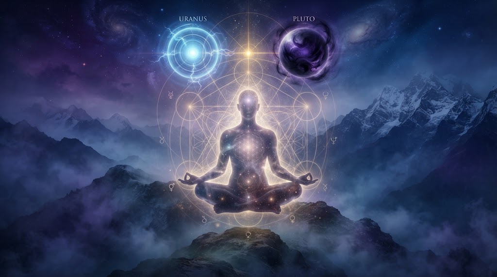 Meditative figure with cosmic elements