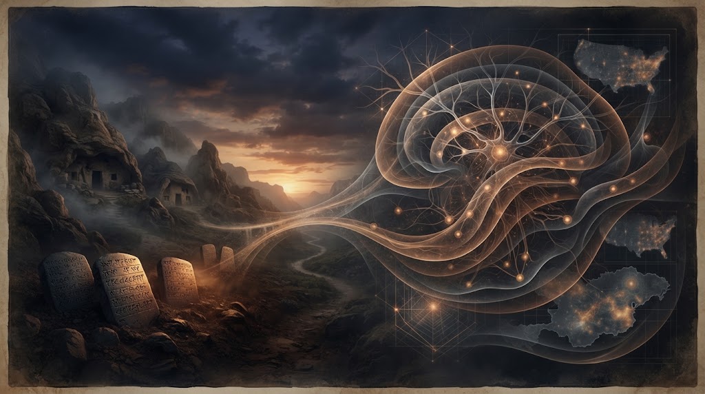 Mysterious landscape with glowing elements