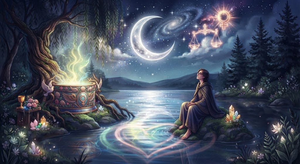 Mystical scene with moon and water