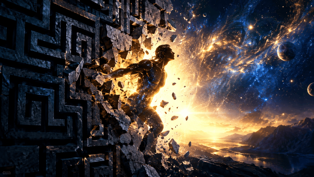 Figure breaking through cosmic barrier
