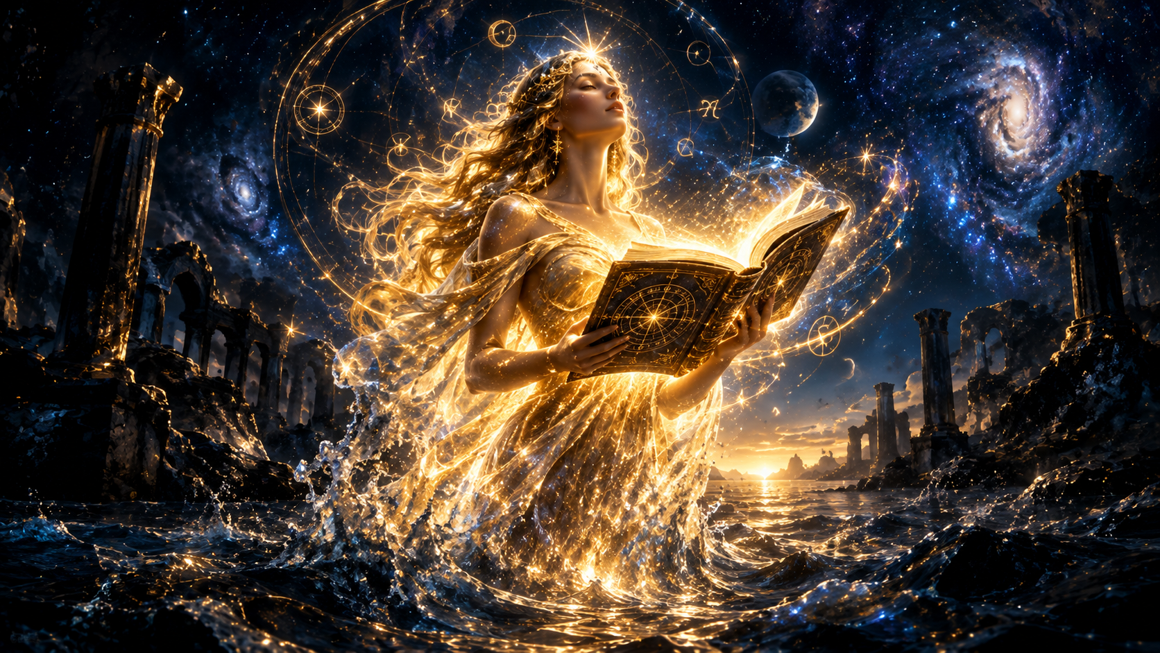 Woman reading in cosmic waters