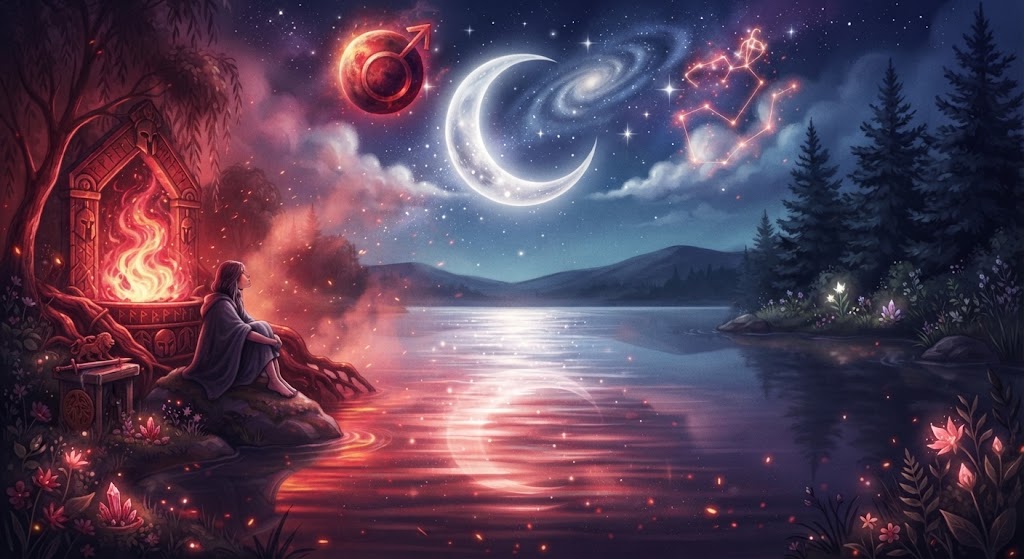Mystical scene by a serene lake