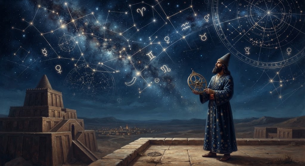 Astrologer observing stars and constellations
